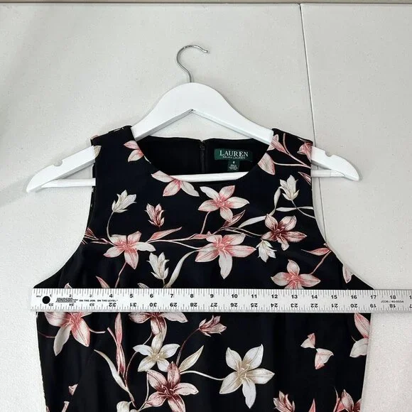 Lauren Ralph Lauren Womens Dress 8 Black Floral Midi Jersey Knot Mock Wrap Work - Picture 7 of 15